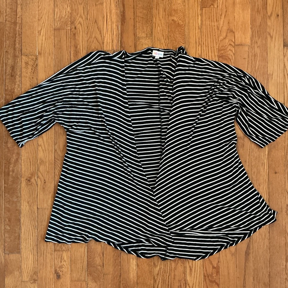 Luluroe Cardigan Small Black White Striped Lightweight Open Front 3/4 Sleeves